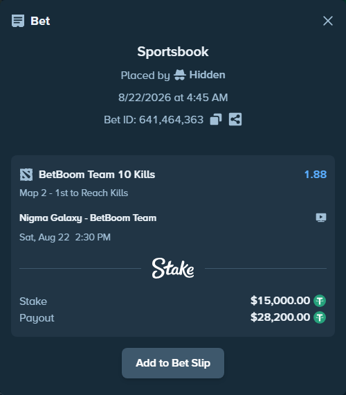 Bet slip: Nigma Galaxy - BetBoom Team, $15,000.00 stake at 1.88 odds, placed by Hidden