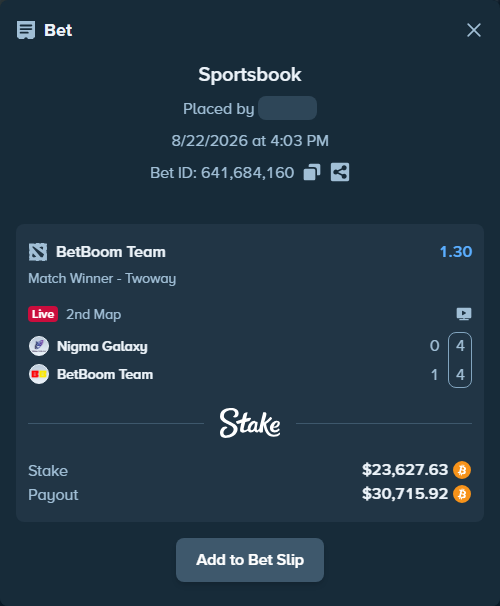 Bet slip: Nigma Galaxy - BetBoom Team, $23,614.33 stake at 1.30 odds, placed by messrjaysr