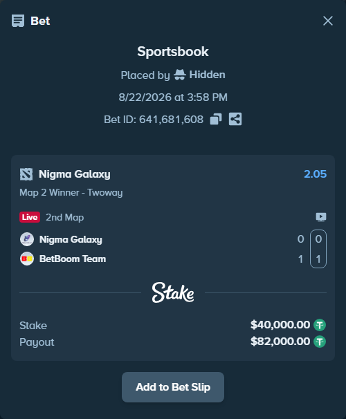 Bet slip: Nigma Galaxy - BetBoom Team, $40,000.00 stake at 2.05 odds, placed by Hidden