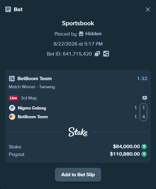 Bet slip: Nigma Galaxy - BetBoom Team, $84,000.00 stake at 1.32 odds, placed by Hidden