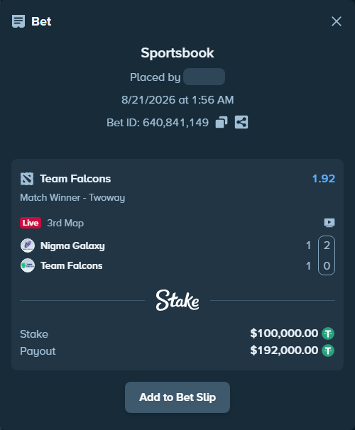Bet slip: Nigma Galaxy - Team Falcons, $100,000.00 stake at 1.92 odds, placed by BashirGoldenDr