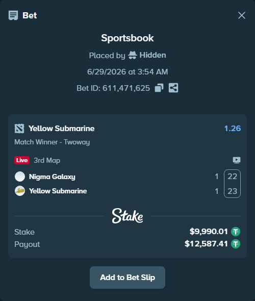Bet slip: Nigma Galaxy - Yellow Submarine, $10,000.00 stake at 1.26 odds, placed by Hidden