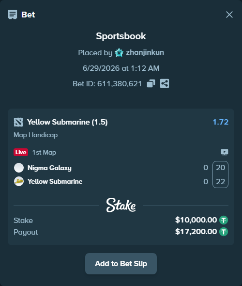 Bet slip: Nigma Galaxy - Yellow Submarine, $10,010.00 stake at 1.72 odds, placed by zhanjinkun