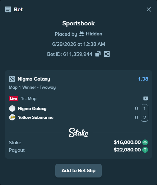 Bet slip: Nigma Galaxy - Yellow Submarine, $16,016.00 stake at 1.38 odds, placed by Hidden