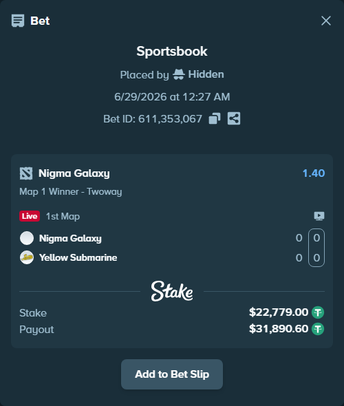 Bet slip: Nigma Galaxy - Yellow Submarine, $22,801.78 stake at 1.40 odds, placed by Hidden