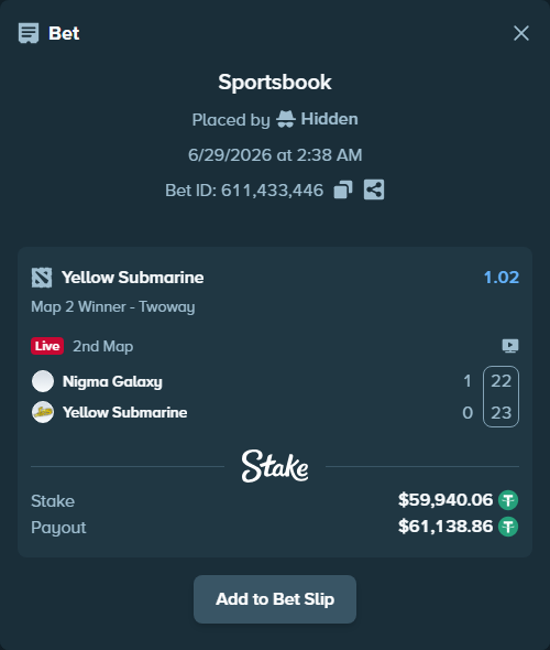 Bet slip: Nigma Galaxy - Yellow Submarine, $60,000.00 stake at 1.02 odds, placed by Hidden