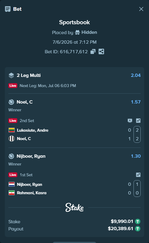 Bet slip: Nijboer, Ryan - Rahmani, Kasra, $10,000.00 stake at 1.30 odds, placed by Hidden