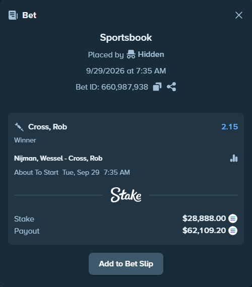 Bet slip: Nijman, Wessel - Cross, Rob, $29,046.12 stake at 2.15 odds, placed by Hidden