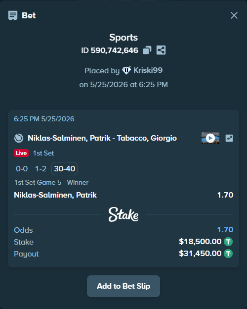 Bet slip: Niklas-Salminen, Patrik - Tabacco, Giorgio, $18,500.00 stake at 1.70 odds, placed by Kriski99