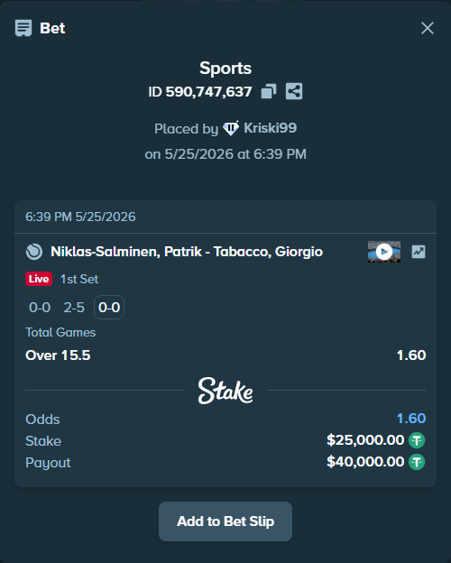 Bet slip: Niklas-Salminen, Patrik - Tabacco, Giorgio, $25,000.00 stake at 1.60 odds, placed by Kriski99