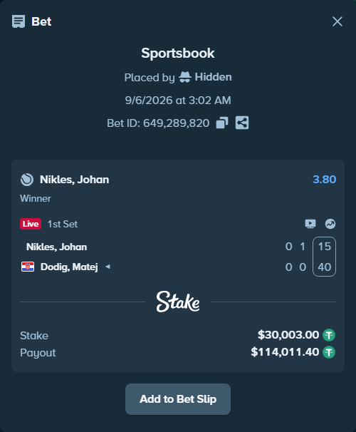 Bet slip: Nikles, Johan - Dodig, Matej, $30,000.00 stake at 3.80 odds, placed by Hidden