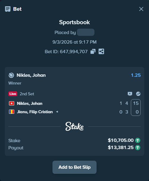 Bet slip: Nikles, Johan - Jianu, Filip Cristian, $10,705.00 stake at 1.25 odds, placed by N1kolayts