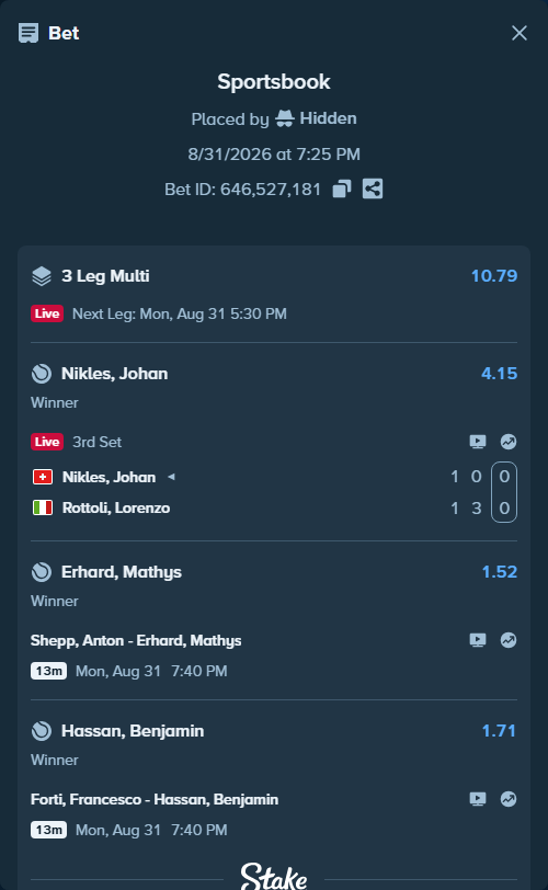 Bet slip: Nikles, Johan - Rottoli, Lorenzo, $20,338.00 stake at 4.15 odds, placed by Hidden