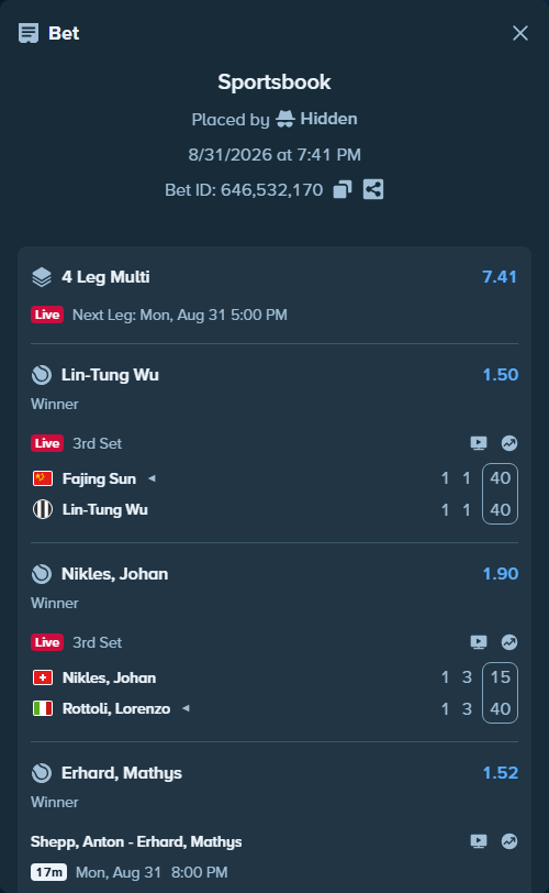 Bet slip: Nikles, Johan - Rottoli, Lorenzo, $30,000.00 stake at 1.90 odds, placed by Hidden