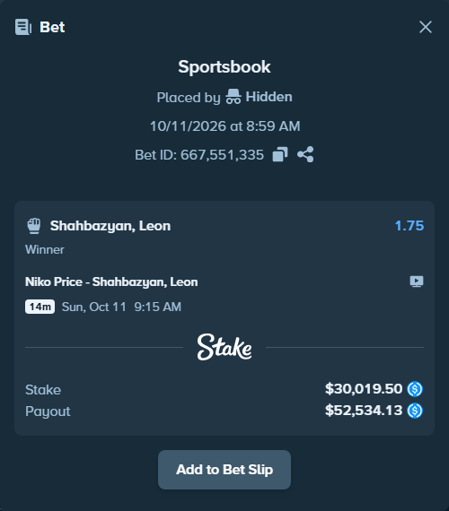 Bet slip: Niko Price - Shahbazyan, Leon, $30,019.50 stake at 1.75 odds, placed by Hidden