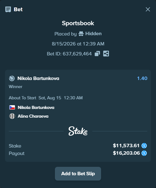 Bet slip: Nikola Bartunkova - Alina Charaeva, $11,573.61 stake at 1.40 odds, placed by Hidden