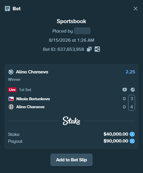 Bet slip: Nikola Bartunkova - Alina Charaeva, $40,000.00 stake at 2.25 odds, placed by Atte90