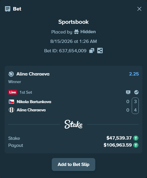 Bet slip: Nikola Bartunkova - Alina Charaeva, $47,586.91 stake at 2.25 odds, placed by Hidden