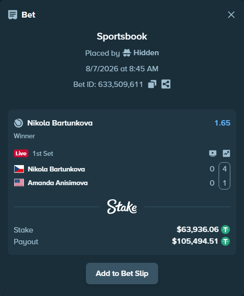 Bet slip: Nikola Bartunkova - Amanda Anisimova, $64,000.00 stake at 1.65 odds, placed by Hidden