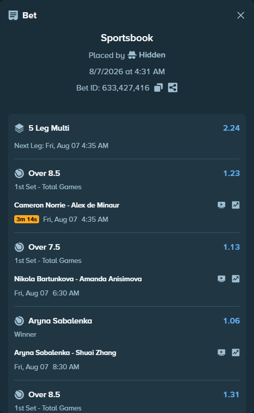 Bet slip: Nikola Bartunkova - Amanda Anisimova, $75,075.00 stake at 1.13 odds, placed by Hidden