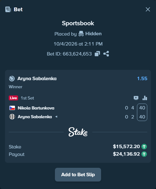 Bet slip: Nikola Bartunkova - Aryna Sabalenka, $15,572.20 stake at 1.55 odds, placed by Hidden