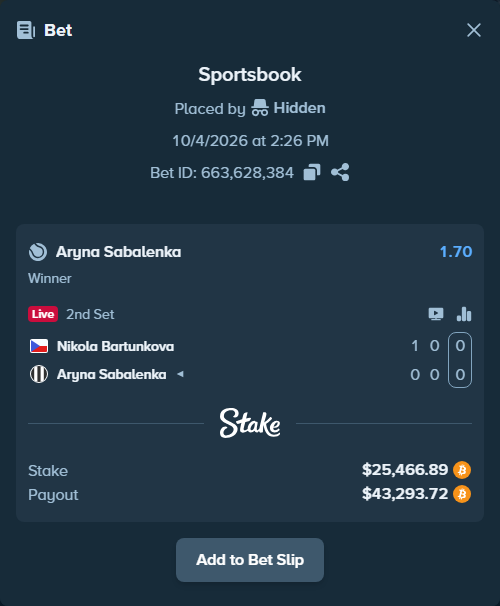 Bet slip: Nikola Bartunkova - Aryna Sabalenka, $25,446.30 stake at 1.70 odds, placed by Hidden