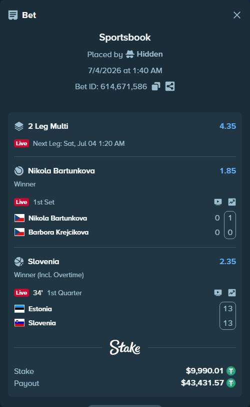 Bet slip: Nikola Bartunkova - Barbora Krejcikova, $10,000.00 stake at 1.85 odds, placed by Hidden