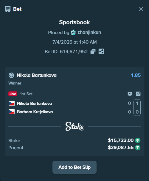 Bet slip: Nikola Bartunkova - Barbora Krejcikova, $15,738.72 stake at 1.85 odds, placed by zhanjinkun