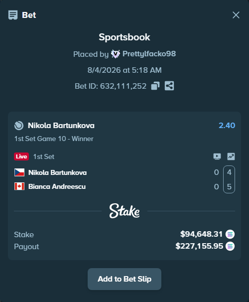 Bet slip: Nikola Bartunkova - Bianca Andreescu, $92,923.04 stake at 2.40 odds, placed by Prettylfacko98