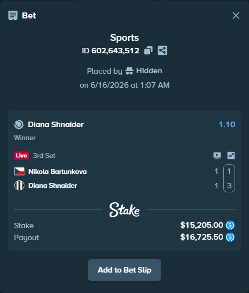 Bet slip: Nikola Bartunkova - Diana Shnaider, $15,205.00 stake at 1.10 odds, placed by Hidden