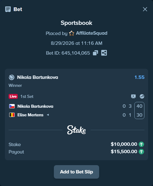 Bet slip: Nikola Bartunkova - Elise Mertens, $10,000.00 stake at 1.55 odds, placed by AffiliateSquad