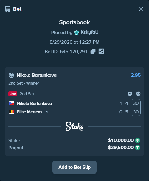 Bet slip: Nikola Bartunkova - Elise Mertens, $10,000.00 stake at 2.95 odds, placed by Kskyfall