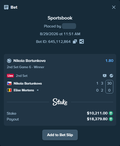 Bet slip: Nikola Bartunkova - Elise Mertens, $10,211.00 stake at 1.80 odds, placed by Kskyfall