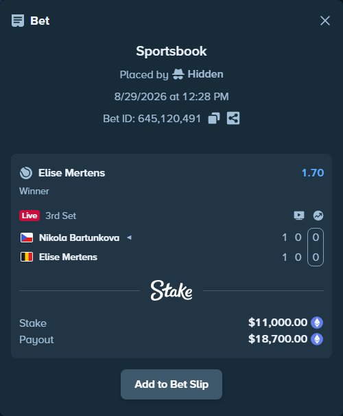 Bet slip: Nikola Bartunkova - Elise Mertens, $10,993.05 stake at 1.70 odds, placed by Hidden