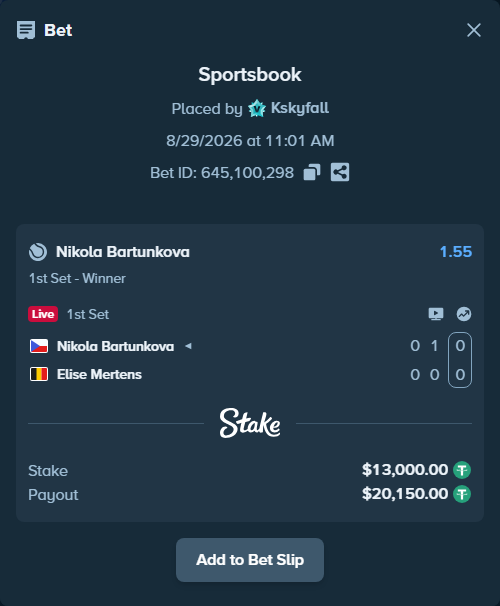 Bet slip: Nikola Bartunkova - Elise Mertens, $13,000.00 stake at 1.55 odds, placed by Kskyfall