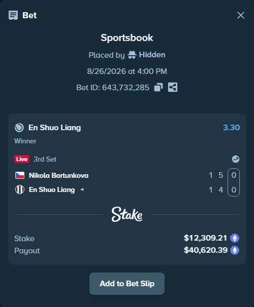 Bet slip: Nikola Bartunkova - En Shuo Liang, $12,322.80 stake at 3.30 odds, placed by Hidden