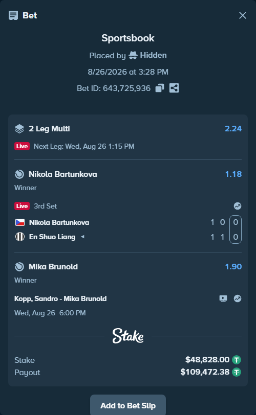 Bet slip: Nikola Bartunkova - En Shuo Liang, $48,828.00 stake at 1.18 odds, placed by Hidden