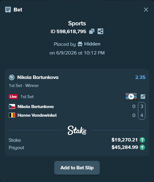 Bet slip: Nikola Bartunkova - Hanne Vandewinkel, $19,270.21 stake at 2.35 odds, placed by Hidden