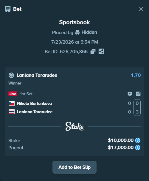 Bet slip: Nikola Bartunkova - Lanlana Tararudee, $10,000.00 stake at 1.70 odds, placed by Hidden