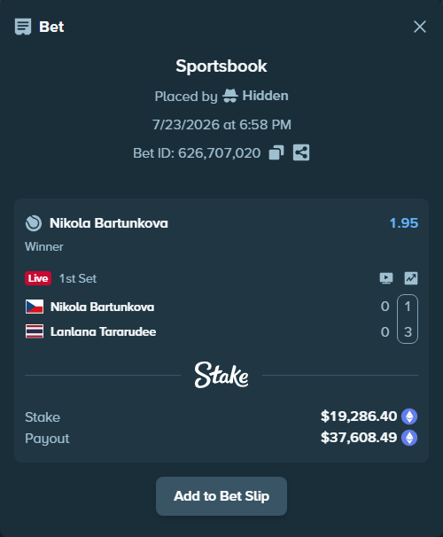 Bet slip: Nikola Bartunkova - Lanlana Tararudee, $19,024.90 stake at 1.95 odds, placed by Hidden