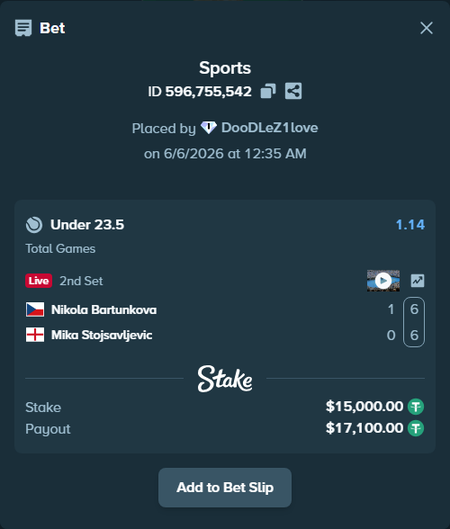 Bet slip: Nikola Bartunkova - Mika Stojsavljevic, $15,000.00 stake at 1.14 odds, placed by DooDLeZ1love