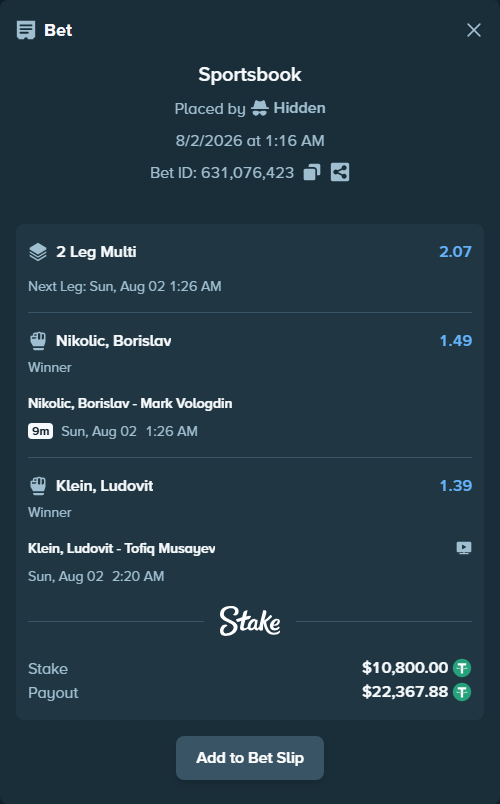 Bet slip: Nikolic, Borislav - Mark Vologdin, $10,810.80 stake at 1.49 odds, placed by Hidden
