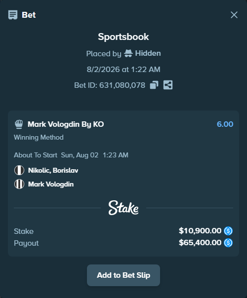 Bet slip: Nikolic, Borislav - Mark Vologdin, $10,900.00 stake at 6.00 odds, placed by Hidden