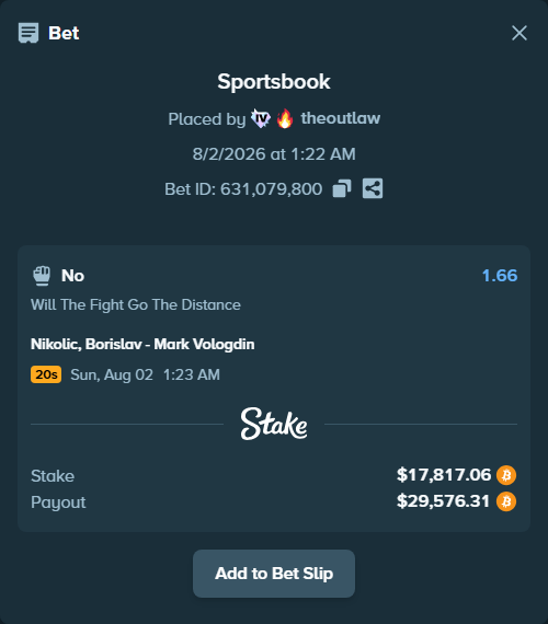 Bet slip: Nikolic, Borislav - Mark Vologdin, $18,188.04 stake at 1.66 odds, placed by theoutlaw