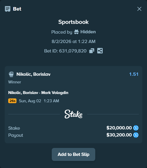 Bet slip: Nikolic, Borislav - Mark Vologdin, $20,000.00 stake at 1.51 odds, placed by Hidden