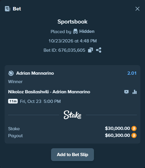Bet slip: Nikoloz Basilashvili - Adrian Mannarino, $30,014.46 stake at 2.01 odds, placed by Hidden