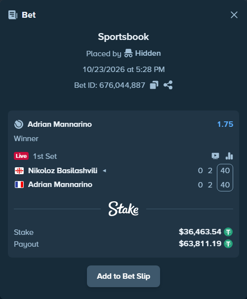 Bet slip: Nikoloz Basilashvili - Adrian Mannarino, $36,500.00 stake at 1.75 odds, placed by Hidden