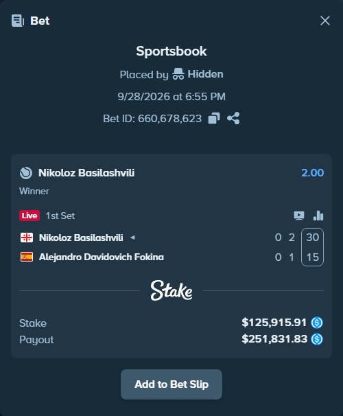 Bet slip: Nikoloz Basilashvili - Alejandro Davidovich Fokina, $125,915.91 stake at 2.00 odds, placed by Hidden