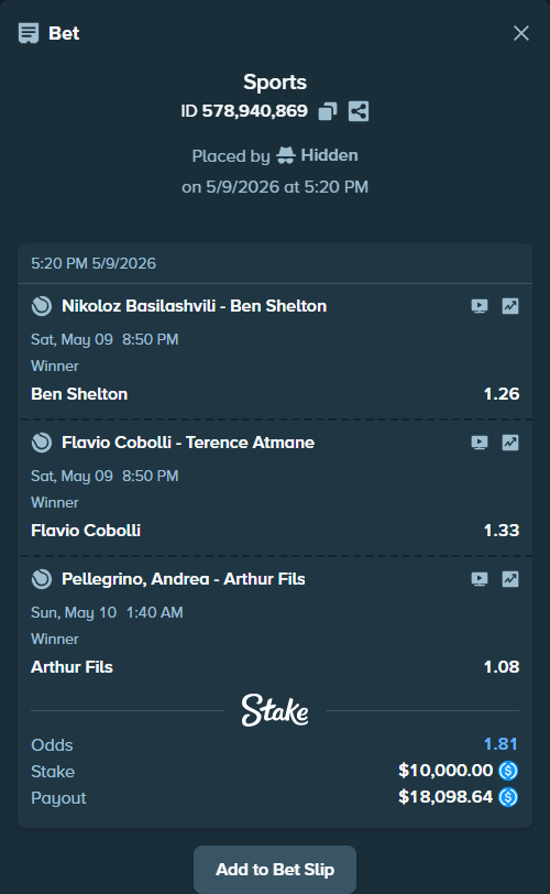 Bet slip: Nikoloz Basilashvili - Ben Shelton, $10,000.00 stake at 1.26 odds, placed by Hidden