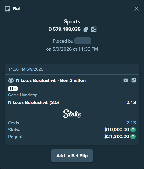 Bet slip: Nikoloz Basilashvili - Ben Shelton, $10,000.00 stake at 2.13 odds, placed by Mar8777